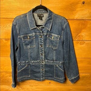 Style & Co Petite women’s Denim Jean‎ Vintage Jacket Lg Dark Wash pockets Casual